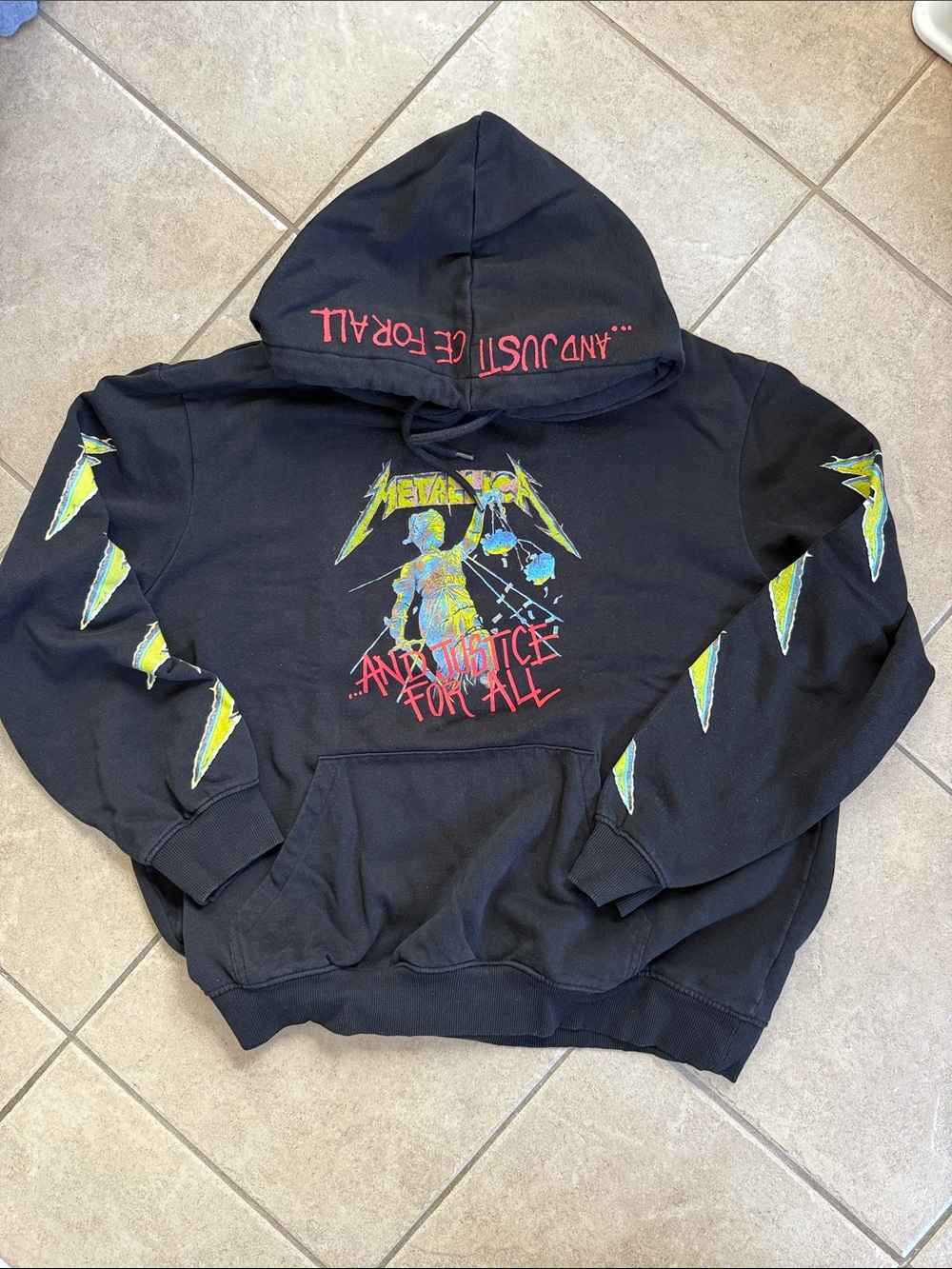 Black Graphic 'And Justice For All' Hoodie with Yellow & Blue Accents